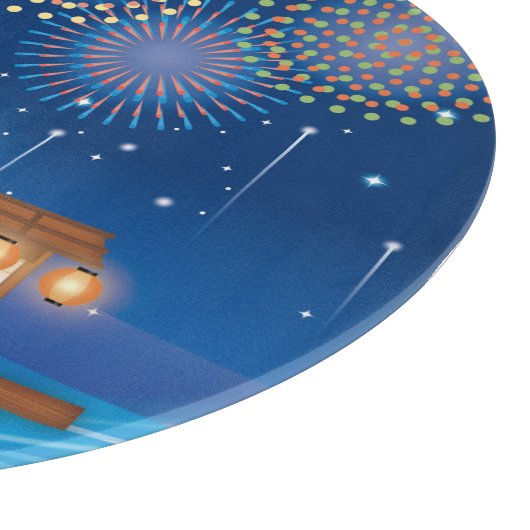 Katzen, die sich in Feuerwerken erfreuen, an Bord Schneidebrett (Ecke)