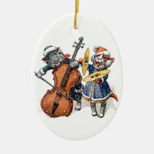 Katzen, die Weihnachtsmusik im Schnee spielen Keramikornament