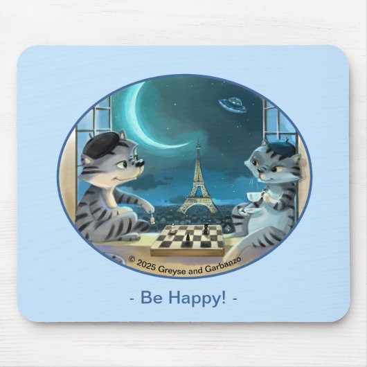 Katzen Eiffelturm - Nacht Glücklich Mousepad Mausp (Vorne)