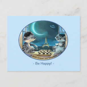 Katzen Eiffelturm - Nacht Glückliche Postkarte