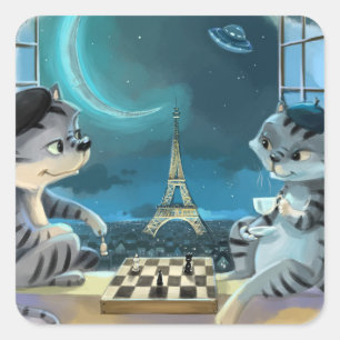 Katzen Eiffelturm - Nacht Klassische quadratische  Quadratischer Aufkleber