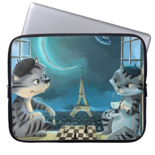 Katzen Eiffelturm - Nacht Laptop Hülle Laptopschutzhülle