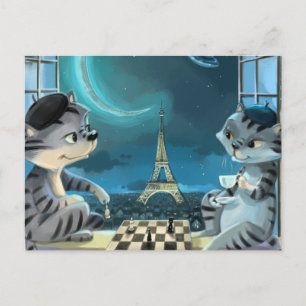 Katzen Eiffelturm - Nacht Postkarte