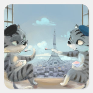 Katzen & Eiffelturm - Paris Quadratische Aufkleber