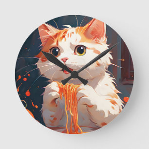 Katzen essen Spaghetti Runde Wanduhr