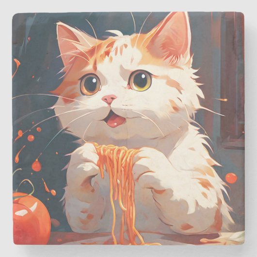 Katzen essen Spaghetti Steinuntersetzer (Vorderseite)