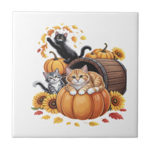 Katzen Fall Herbst Kürbisse Erntedank Sonnenblume  Fliese