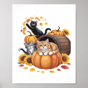 Katzen fallen Herbstpumpen Erntedank Sonnenblume C Poster