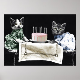 Katzen feiern einen Geburtstag mit Kuchen und Kerz Poster