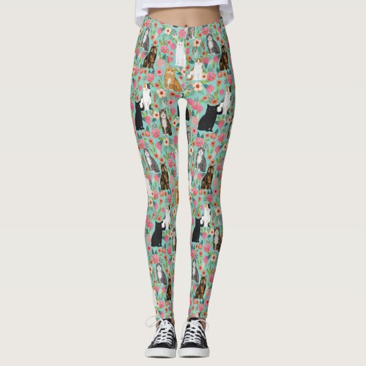 Katzen Florals minze Vintage Blumenzwiebeln Leggings (Vorderseite)
