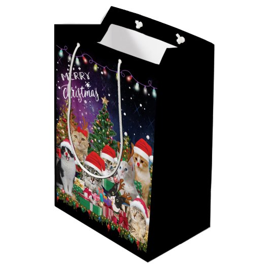 Katzen Frohe Weihnachtslicht Mittlere Geschenktüte (Rückseite Schrägansicht)