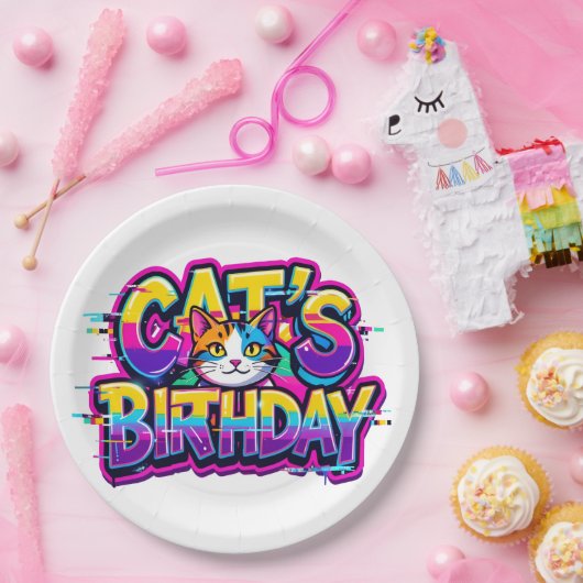 Katzen-Geburtstags-Regenbogen-Glitch Pappteller (Party)