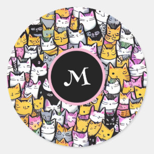 Katzen Gesichter Doodmuster Feline Pets Monogramm  Runder Aufkleber