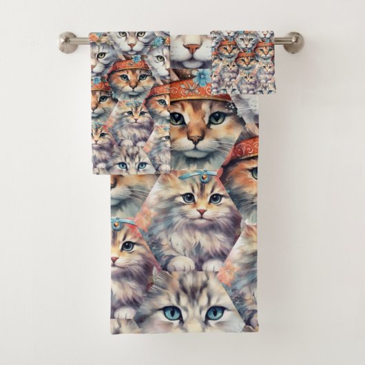 Katzen-Gesichter Sechseck-Muster Badhandtuch Set (Insitu)