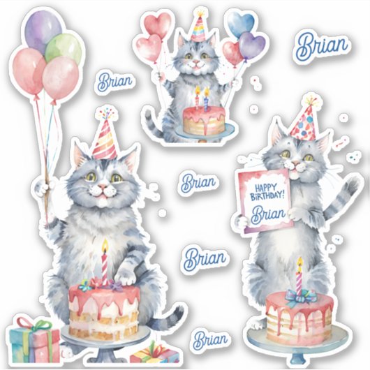 Katzen Happy Birthday personalisiert Aufkleber (Vorderseite)