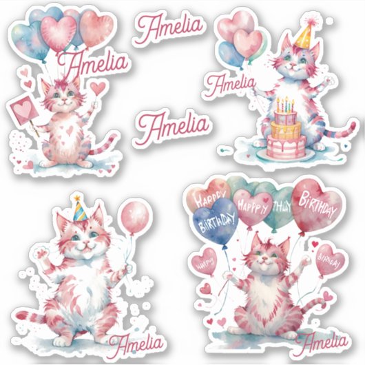 Katzen Happy Birthday personalisiert Aufkleber (Vorderseite)