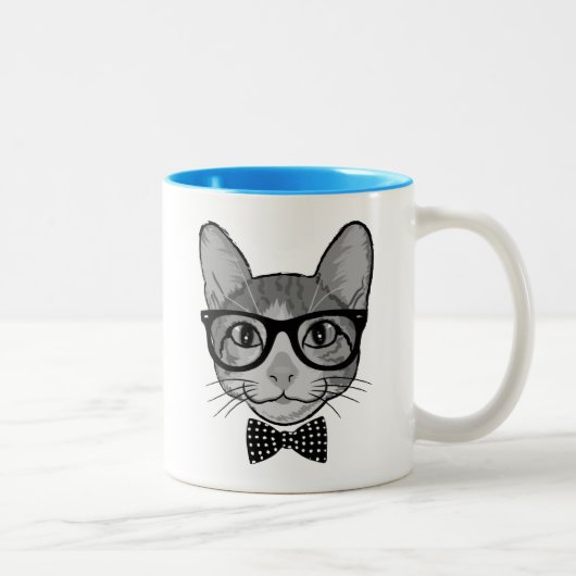 Katzen-Hipster mit Polka-Punkt-Bogen-Krawatte Zweifarbige Tasse (Rechts)
