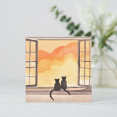 Katzen im Fenster | Sonnenuntergang Wasserfarbe Si Karte (Stehend Vorderseite)