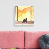 Katzen im Fenster | Sonnenuntergang Wasserfarbe Si Leinwanddruck (Insitu (Wohnzimmer))