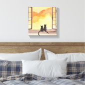 Katzen im Fenster | Sonnenuntergang Wasserfarbe Si Leinwanddruck (Insitu (Schlafzimmer))