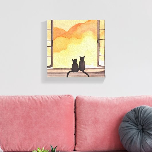 Katzen im Fenster | Sonnenuntergang Wasserfarbe Si Leinwanddruck (Insitu (Wohnzimmer))