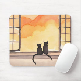 Katzen im Fenster | Sonnenuntergang Wasserfarbe Si Mousepad