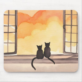 Katzen im Fenster | Sonnenuntergang Wasserfarbe Si Mousepad