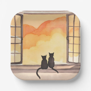 Katzen im Fenster Sonnenuntergang Wasserfarbe Si Pappteller