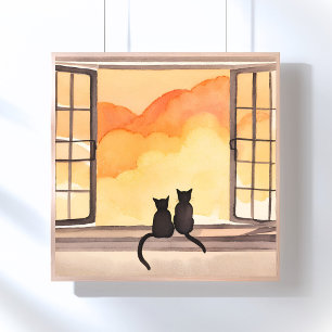 Katzen im Fenster Sonnenuntergang Wasserfarbe Si Poster