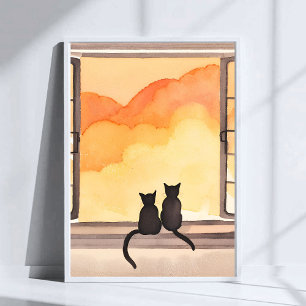 Katzen im Fenster   Sonnenuntergang Wasserfarbe Si Poster