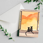Katzen im Fenster | Sonnenuntergang Wasserfarbe Si Postkarte