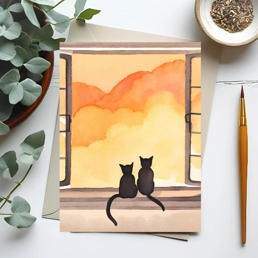 Katzen im Fenster | Sonnenuntergang Wasserfarbe Si Postkarte