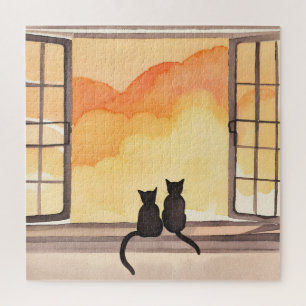 Katzen im Fenster Sonnenuntergang Wasserfarbe Si Puzzle