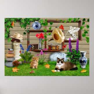 Katzen im Garten. Ein niedliches lustiges Bild. Poster