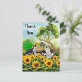 Katzen im Garten / Sonnenblume Danke Collage Postkarte (Stehend Vorderseite)
