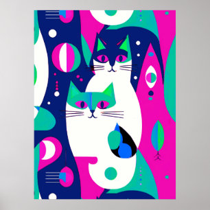 Katzen im Mid-Century-Modern-Stil auf dunkelblauem Poster