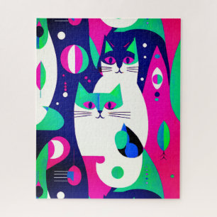 Katzen im Mid-Century-Modern-Stil auf dunkelblauem Puzzle