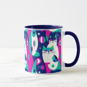 Katzen im Mid-Century-Modern-Stil auf dunkelblauem Tasse
