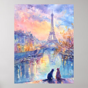 Katzen im Pariser Dämmerlicht – Aquarellromantik Poster