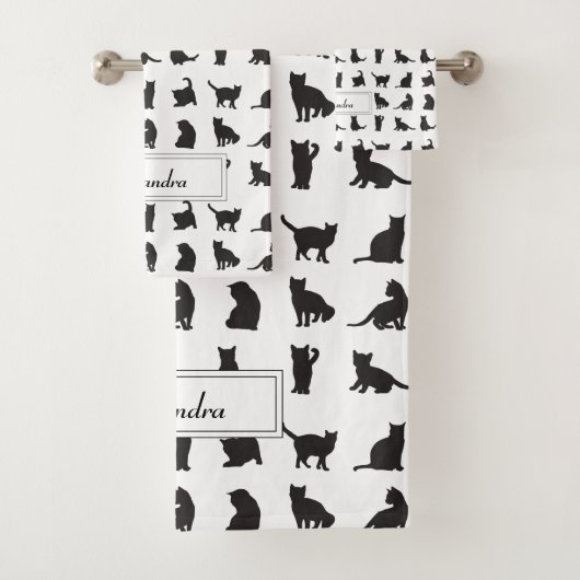 Katzen im Schwarzen Silhouette Muster mit Vorname Badhandtuch Set (Insitu)