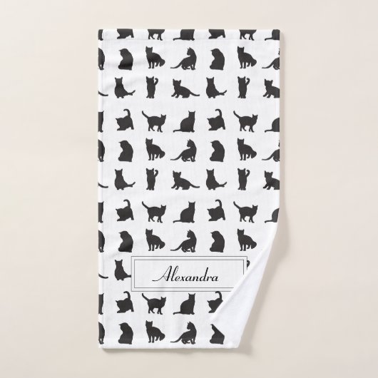 Katzen im Schwarzen Silhouette Muster mit Vorname Badhandtuch Set (Handtuch)