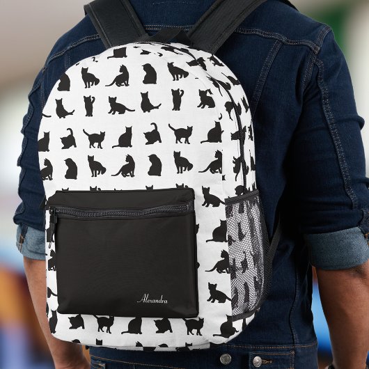Katzen im Schwarzen Silhouette Muster mit Vorname Bedruckter Rucksack