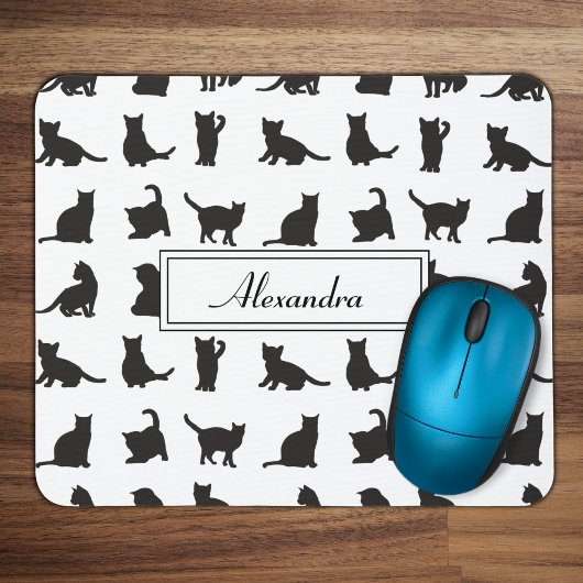 Katzen im Schwarzen Silhouette Muster mit Vorname Mousepad