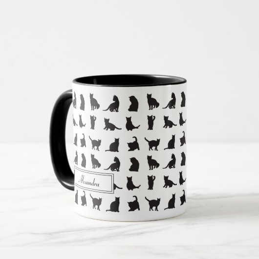 Katzen im Schwarzen Silhouette Muster mit Vorname Tasse (Vorderseite Links)