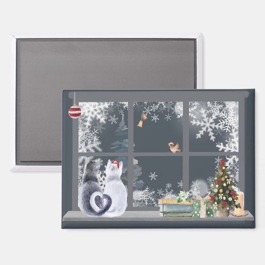 Katzen im Weihnachtsfenster Magnet (Vorderseite/Rückseite)