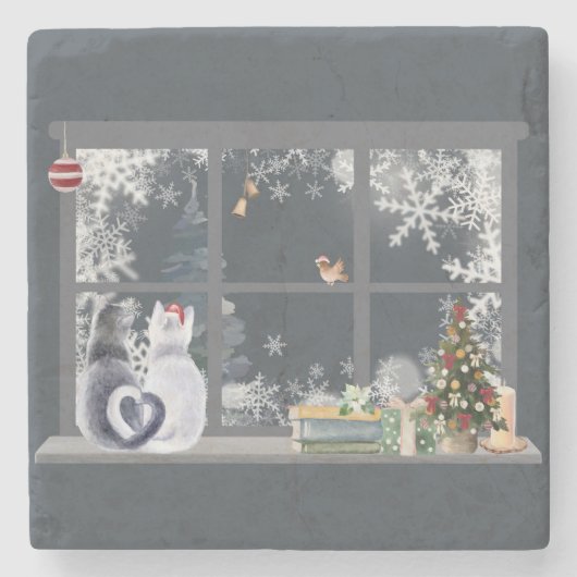Katzen im Weihnachtsfenster Steinuntersetzer (Vorderseite)