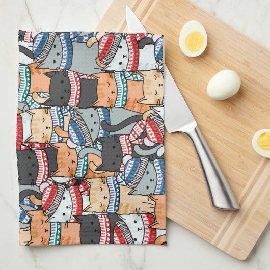 Katzen im Winter-Skarven & Hats-Muster Geschirrtuch (Viertel Falte)