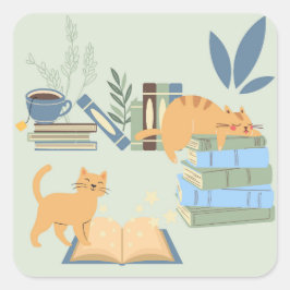 Katzen in Büchern Quadratischer Aufkleber