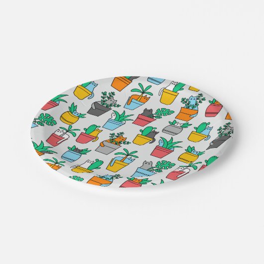 Katzen in den Blumentöpfen Pappteller (Schrägansicht)