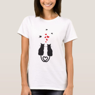 Katzen in der Liebe mit Herzen und Vögeln T-Shirt